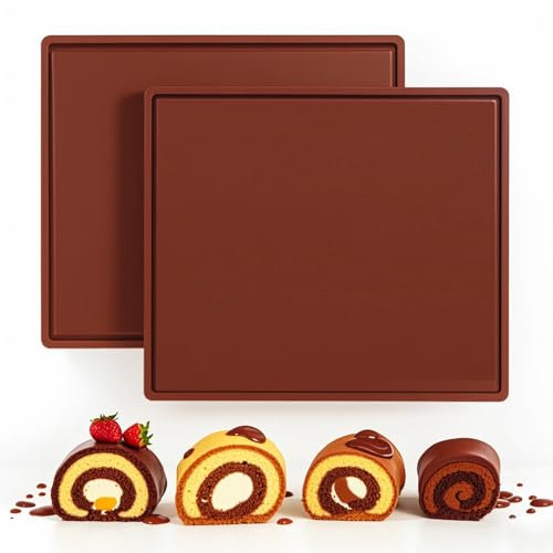 Silikon Backmatte, 2 Stück Antihaftbeschichtet Dauerbackmatte mit Rand Silikonmatte Backen Groß Swiss Roll Backblech Rutschfest Silikonbackmatte für Kochen Backen Keksen(Braun)