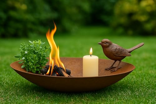 Der-Porzellan-Laden Rostdeko Gartendeko Feuer-Schale rund 40 x 40 cm aus Metall, rustikale Dekoschale in Rost-Optik für Garten, Terrasse oder Balkon, robust