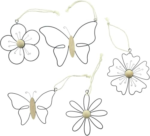 Set di 5 decorazioni per finestre da appendere, in metallo e legno con fiori e farfalle, per finestre, balcone, porta e soggiorno