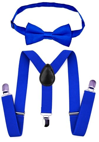 JZK Set di papillon e bretelle blu reale per bambini, ragazzi e ragazze sotto i 135 cm, bretelle regolabili a clip a forma di Y con papillon per bambini piccoli, ragazzi e ragazze per matrimonio