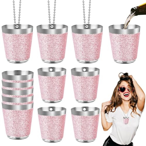 Begpoee 12 Piezas Vasos de Chupito de 30 ml de Acero Inoxidable Rosa, Vasos de Chupito para Colgar, Para Celebraciones de Bodas, Carnavales y Fiestas al Aire Libre(4,2 x 3,7 cm, Rosa + Plata)