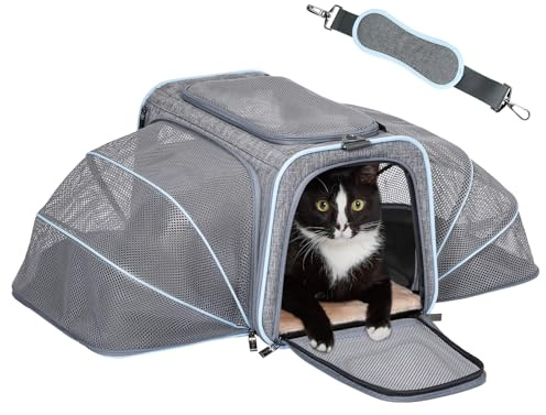 Petsfit Bolsa de transporte plegable para gatos y perros, caja de transporte ampliable para gatos con correa para el hombro, bolsa de transporte para perros, bolsa de vuelo, tejido Oxford para gatos y