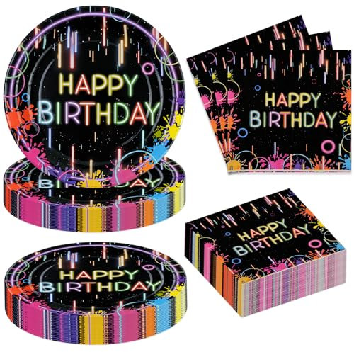 BOKFJBP Lot de 40 assiettes et serviettes de fête néon pour anniversaire - Vaisselle fluo - Lueur colorée dans l'obscurité - Décoration de fête - Favor pour anniversaire, fête prénatale, 20 invités