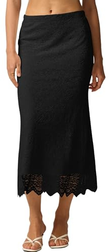 FEOYA Jupe Femme en Dentelle Élégante Coupe Bodycon Droite Jupe Longue Décontractée Elastique Taille Midi Jupes Noir L