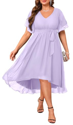 Plus Size Lavender Dress Wedding Guest Chiffon Short Sleeve High Low Dress