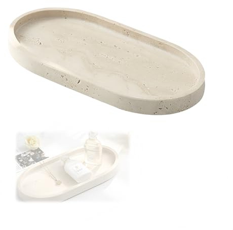 Plateau, Plateau Ovale de Salle de Bain en Travertin Naturel Plateaux Decoratif Beige à Bord Surélevé Plateaux à Bijoux 25 x 12 cm pour Cosmétiques Produits de Soin Bijoux Parfums et Bougies