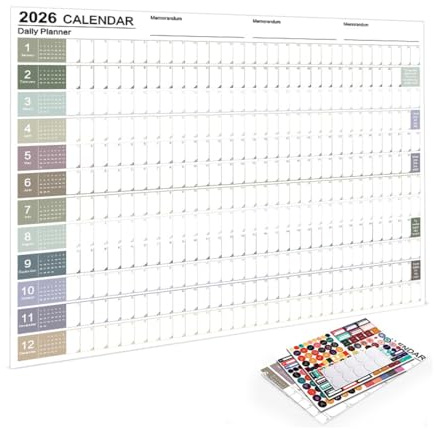 YUVKIN Calendario da Parete 2026, Formato Grande + Orizzontale, piegato, Planner Annuale, Organizzatore da Parete, 12 Mesi: Gennaio a Dicembre 2026 (74 x 52 cm)