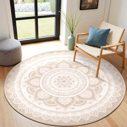 SHACOS Matta rund 200 cm rund matta, tvättbar, halkfri boho-mattor, vardagsrum, rund, fluffig, mjuk kort lugg, runda mattor för sovrum, vardagsrum, beige