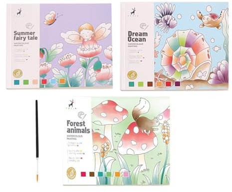 Qutalmi Libro para colorear de acuarela - 3 piezas de accesorios de pintura de dibujos animados - Libro de trabajo de acuarela de viaje - Para niñas, estudiantes, artistas aficionados, hogar, estudio