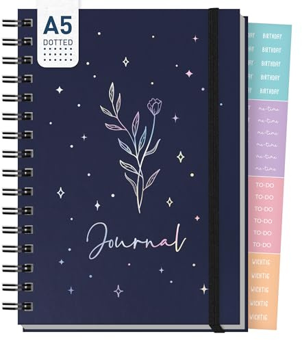 Häfft Carnet à points Dotted Journal Fancy A5 à anneaux Night Flower | 160 pages numérotées à points, papier 120 g/m² et couverture rigide – pour tenir un journal et prendre des notes