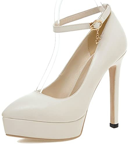 Lizoleor Donna con Cinturino alla Caviglia Sposa Vestito Serata Tacco A Spillo Pump Appuntito Formal Tacco Alto Plateau Prom Scarpe Beige Numero 34 EU