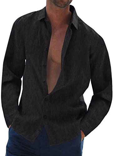 Halfword Camisa Lino Hombre Manga Larga Casual Coton Botones Camisa Verano Suelta Playa Boda Shirt Negro XXL