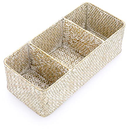 IGNPION 3-compartment Seagrass Storage Basket Woven Seagrass Desktop Baskets Rectangular Organiser Box Shelves & Desks Decorative Basket for Sundries Stationery Toys Cosmetics, Whitewash
