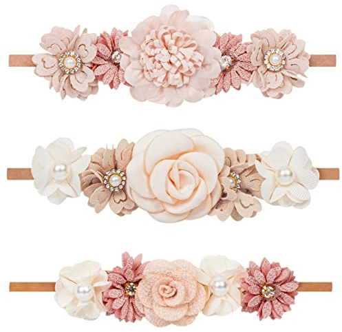 XuoAz Baby Girls Floral Headbands Set-Flower Crown Elastic Hairband for Newborn Toddler Hair Accessories (Pack of 3)