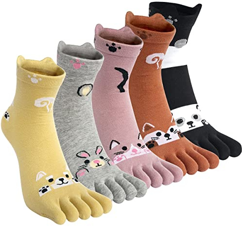 Chaussette à Doigts Femme Coton Chaussettes de Sport Orteils Séparés Cute Nouveauté Intéressant Cartoon Modèle pour Running Sport - 5 Paires