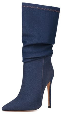 Stivali di Jeans a Spillo con Punta a Punta da Donna, Stivali al Polpaccio Blu lavati Carini alla Moda, Abito da Discoteca Sexy con Tacchi Alti,Dark Blue,40 EU