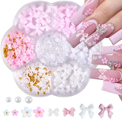 Nail Charms, Blumen Nagel Charms 3D Rosa Bogen Nail Art Dekoration,3D Acryl Blumen Nail Gems mit weißen Halbperlen für Frauen Acryl Nagel