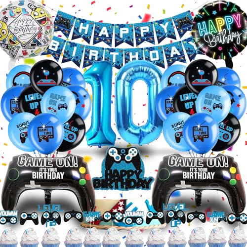 Betensh Decoración Cumpleaños 10 Años Niño, Globos y Cake Topper de Videojuego, Azules para Gamer Fiesta Infantil