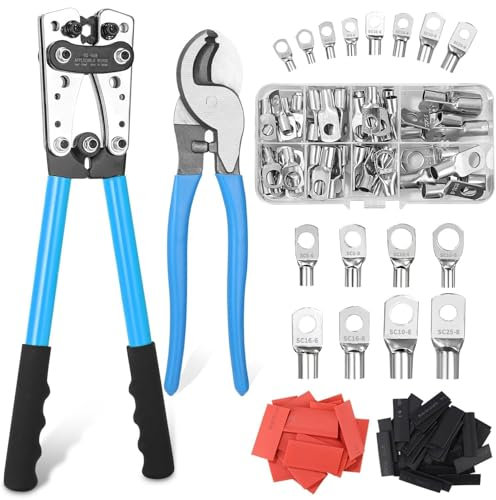 Alicates de Terminals Herramienta de Crimpado AWG 10-0, 6/10/16/25/35/50 mm² con mango antideslizante con alicates de corte 60 terminales de anillo de cobre + 60 tubos termorretrácti