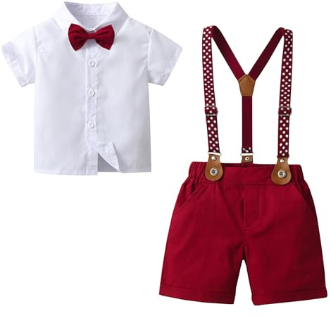 Yimutian Completo Cerimonia Bambino, Ragazzo Camicia con Manica Corta + Papillon + Pantaloncini con Bretelle 4 Pezzi per Nozze Compleanno Matrimonio Partito Rosso 3-4 anni