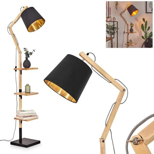 HOFSTEIN Tukchor Golvlampa i trä, metall, naturtyg, svart/guld, justerbar lampa med hyllor och strömbrytare, 152,5 cm, E27, vardagsrum, sovrum, matsal