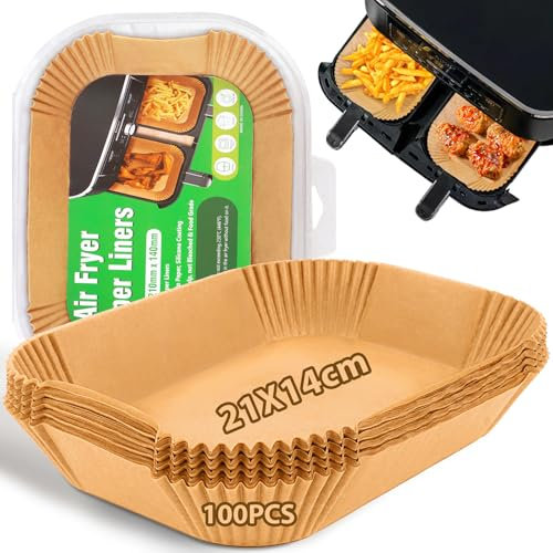 HUMTEOXI 100 Unità Carta Forno per Friggitrice ad Aria, 21x14cm Teglia Fogli Carta Forno Rettangolare BPA Free con Ninja Dual Zone Double Stack e Altri Doppio Zona Airfryer (100PCS 21x14cm)