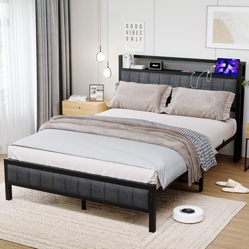 ARFARLY Säng 120 x 200 med ribbotten av metall, sängram, 120 x 200 cm, ungdomssäng, 120 x 200, med sänggavel och laddningsstation (2 AC-uttag och 1 USB-portar), ungdomssäng,