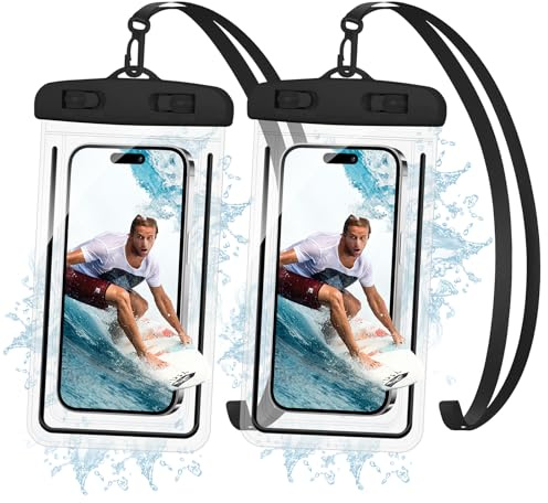 DiULi wasserdichte Handyhülle, 2 Stück IPX8 Unterwasser Handytasche Universal für Schwimmen, Wasserfeste Handyhülle mit Trageband für Wassersport Strand, Schwimmen, Bootsfahrten, Schwarz