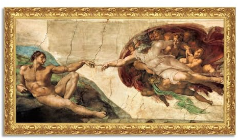 LuxHomeDecor Michelangelo Buonarroti - La creazione di Adamo - Quadro stampa su tela effetto dipinto con cornice in legno oro classico - 150x80 cm