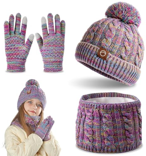 Set Gorro Bufanda Guantes Niño para Invierno - Gorro de Punto con Pompón, Braga de Cuello y Guantes Táctiles Forrados Polar - Regalo para Niña Niño 4-10 Años - 3 Piezas