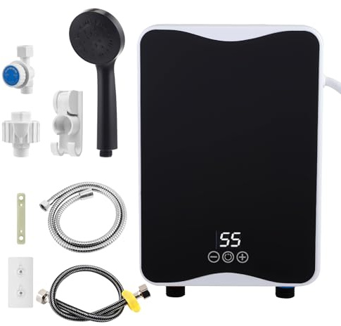 Calentador instantáneo de 5500W 230V para ducha y cocina | Mini calentador de agua eléctrico con pantalla LED de temperatura y cabezal de ducha | Protección contra salpicaduras IPX4 para baño, jardín