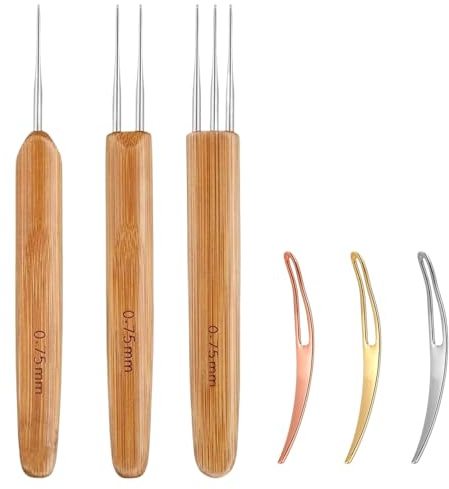 6 Piezas agujas ganchillo para Dreadlocks, con 3 Ganchos para Rastas con Aguja de Ganchillo y 3 Bloqueo Cabello, Herramientas de Trenzas con Mango de Madera, Tejer Cabello y Dreadlocks, 0.75mm