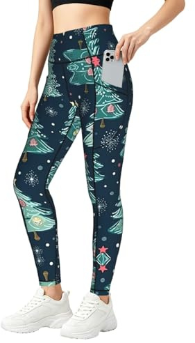 YQTGBCED Julgranskula stjärnor tryck mode leggings för kvinnor, träningsset med fickor, perfekt för gym och fitness, Svart, S