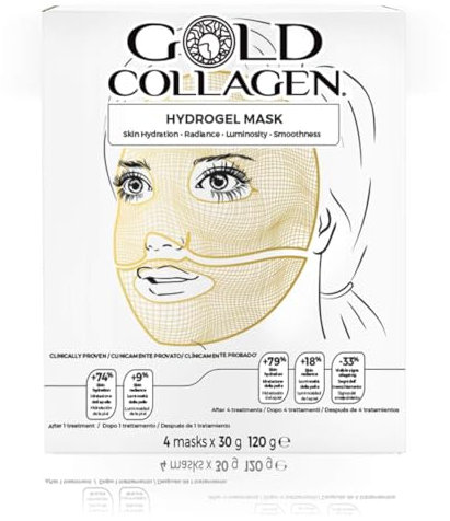 GOLD COLLAGEN Hydrogel Mask Set - Face Masks Skincare Set for Dehydrated & Tired Skin, Sheet Mask x 4 with Hyaluronic Acid Against Wrinkles & Fine Lines, Cooling Effect Skin Care - Made in South Korea