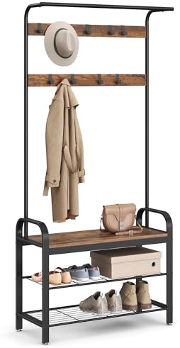 VASAGLE Coat Rack, Hall Tree with Shoe Bench for Entryway, Entryway Bench with Coat Rack, 4-in-1, with 9 Removable Hooks, a Hanging Rod, 13.3 x 33.1 x 72.1 Inches, Rustic Brown and Black UHSR400B01