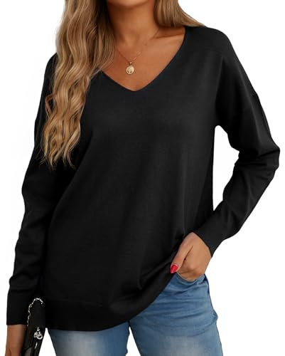 GRECERELLE Women's Casual Jumpers Sweatshirt Ladies Classic Plain Pullover Knit V Neck Long Sleeve Jumper Tops Blouse T-Shirt for Winter Fall Spring (01 Black, XXL)