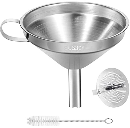 Stainless Steel Kitchen Funnel, 4.3-Inch Food Grade Metal Funnel with Strainer for Filling Bottles, Transferring Liquid, Oil, Juice, Milk