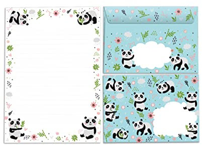 Briefblock mit Umschlag für Kinder Panda Tiere Briefpapier-Set für Mädchen und Jungen Jungs (Block A5 mit 25 Blätter + 15 Umschläge)