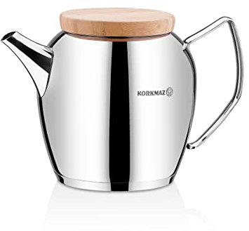 Korkmaz A025 Montana - Tetera turca de acero inoxidable 18/10 con mango de metal y tapa de madera, tetera estilo Samovar con 2300 ml