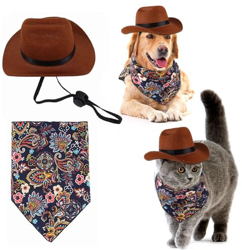 WideSmart cowboyhatt bandana scarf fest sombrero valphatt kostym set – hund katt cosplay keps – semester husdjur fest dekoration