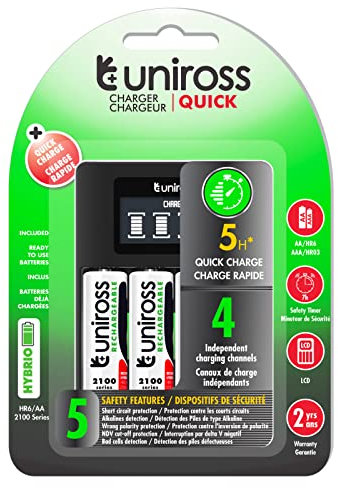 Uniross Chargeur rapide AA/HR6 - AAA/HR03 + 4 piles rechargeables AA 1,2 V 2000 mAh
