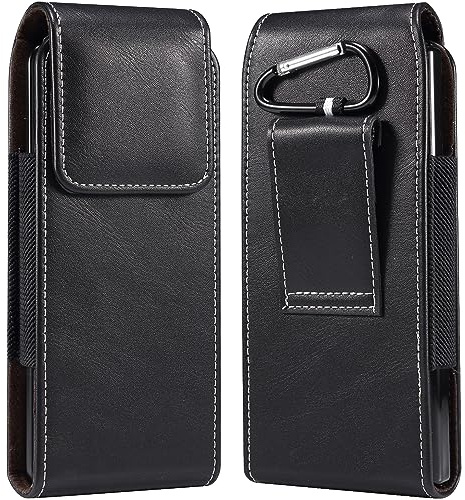 Miimall Phone Holster Compatible with Samsung Galaxy Z Fold 6/5/4/3/2, Leather Pouch Belt Clip Case with Carabiner Clip & Magnetic Closure Phone Holder for Samsung Z Fold 6/5/4/3/2-Black