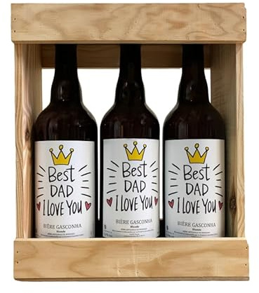 Lot bieres Gasconha + Caisse bois - Etiquette bouteille personnalisable avec Texte, Prénom, Logo… [ Biere cadeau original ] (Blanche, 3x75 CL)