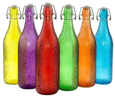 simpa Vintage Style Mix Colour Glass Bottles with Swing Top Lids. Embossed Dots 1L Bottles - Set of 6