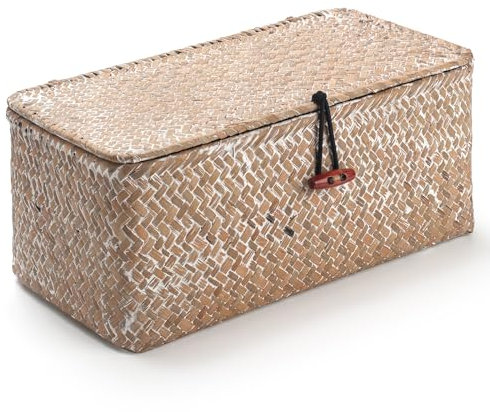 DOKOT Seagrass Storage Baskets with Lid Natural Rattan Woven Rectangular Organizer Box (Whitewash Small 26cmx14cmx11cm H)