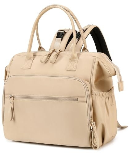 LORADI Bolsa de pañales convertible, amplia parte superior abierta, 14 bolsillos, con hebilla para cochecito, resistente al agua, Beige, L, Bolsa para pañales