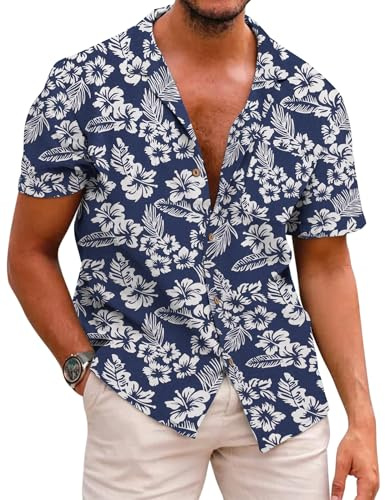 COOFANDY Camisa de Lino de Manga Corta para Hombre Camisa Hawaiana de Verano Camisa de Playa Impresa A-Estampado Floral Azul Marino L