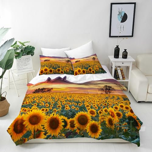 ANHOPE Sonnenuntergang Gelb Sonnenblume Bettwäsche Set Weich Microfaser Bettbezüge mit Reißverschluss 2 Teilig Bettbezug 135x200 cm & Kissenbezug 80x80 cm Ganzjahres Bettdeckenbezug Set