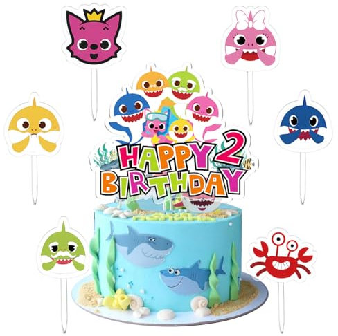 Shark Cake Topper 2 Ans, 7 Pièce Shark Anniversaire Gâteau Décoration, Décoration Gâteau Thème Shark, Shark Cupcake Topper, Convient pour les Fêtes Anniversaire Enfants, Baby Showers