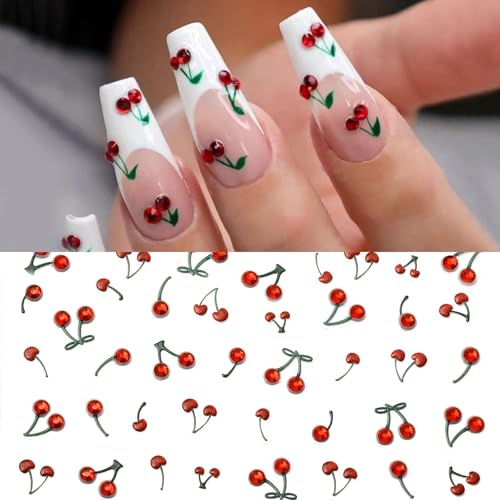 Irikdescia Lot de 2 Autocollants pour Ongles 5D - Cerises Strass, Charmes Scintillantes - Accessoires d'Art - Décoration en Cristal